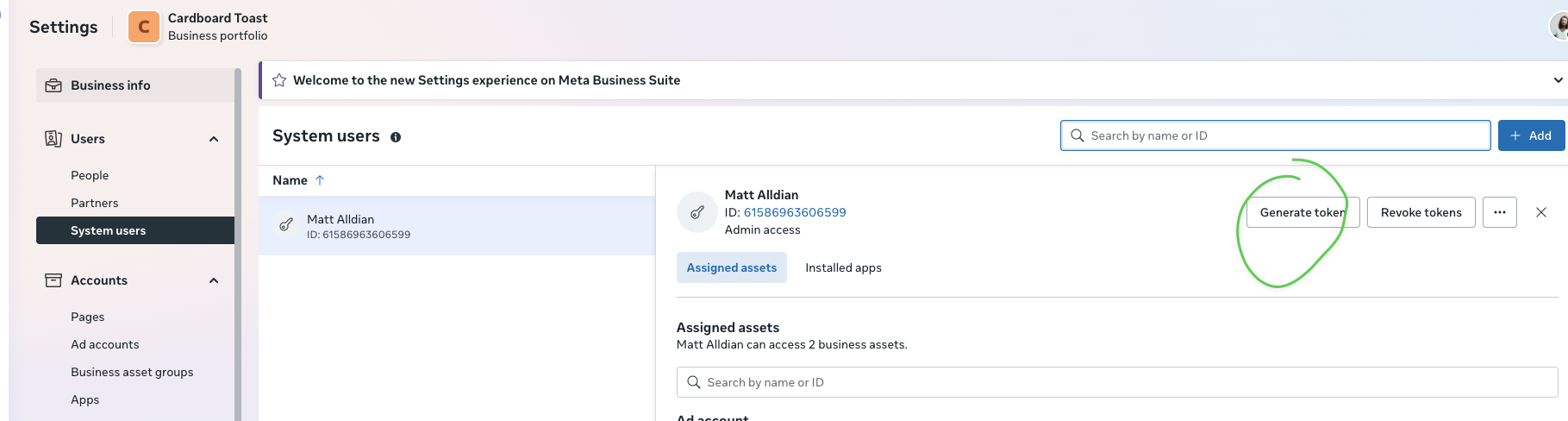 Generate token button